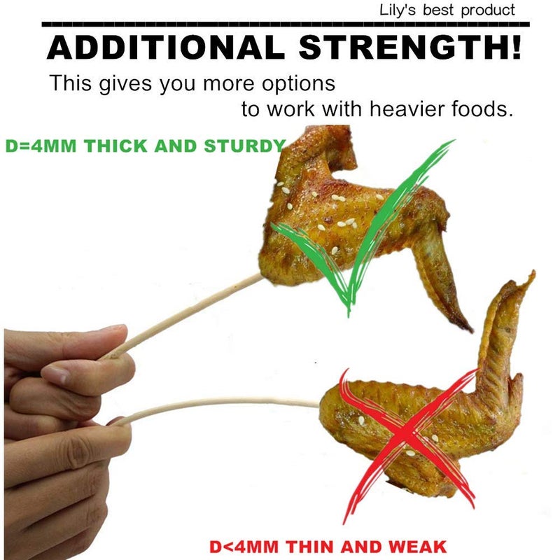 HOPELF 6" Natural Bamboo Skewers for BBQï¼ŒAppetiserï¼ŒFruitï¼ŒCocktailï¼ŒKabobï¼ŒChocolate Fountainï¼ŒGrillingï¼ŒBarbecueï¼ŒKitchenï¼ŒCrafting and Party. Î¦=4mm, More Size Choices 8"/10"/12"/14"/16"/30"(100 PCS) - Image 2
